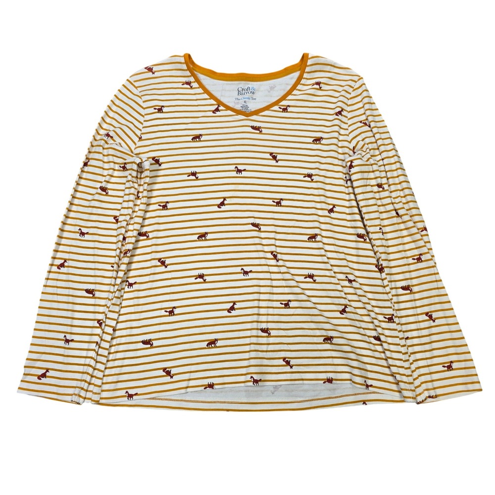 Croft & Barrow Striped Fox Print Tee Women's Size XL Yellow Long Sleeve V-Neck